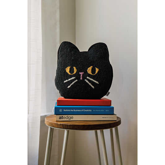 Beaded Throw Pillow - Black Cat